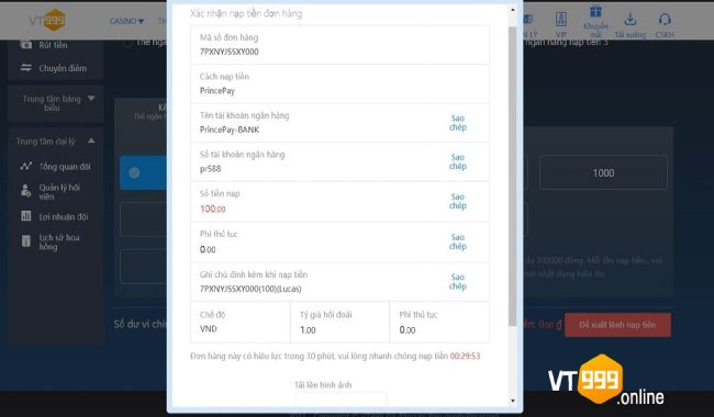 Chuyển khoản vào tài khoản nhà cái VT999