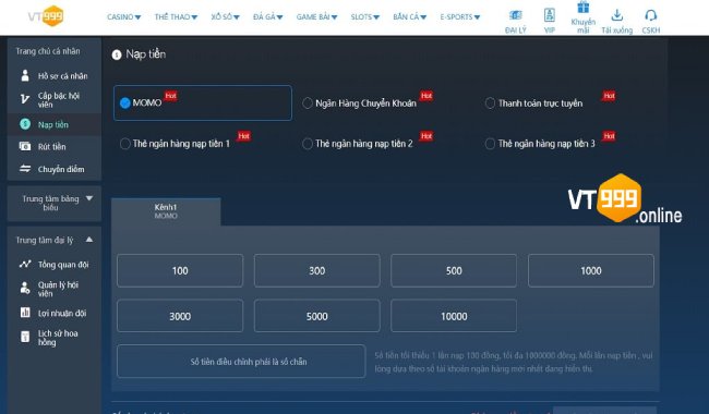 Vào mục “Nạp tiền” và tìm thông tin tài khoản VT999